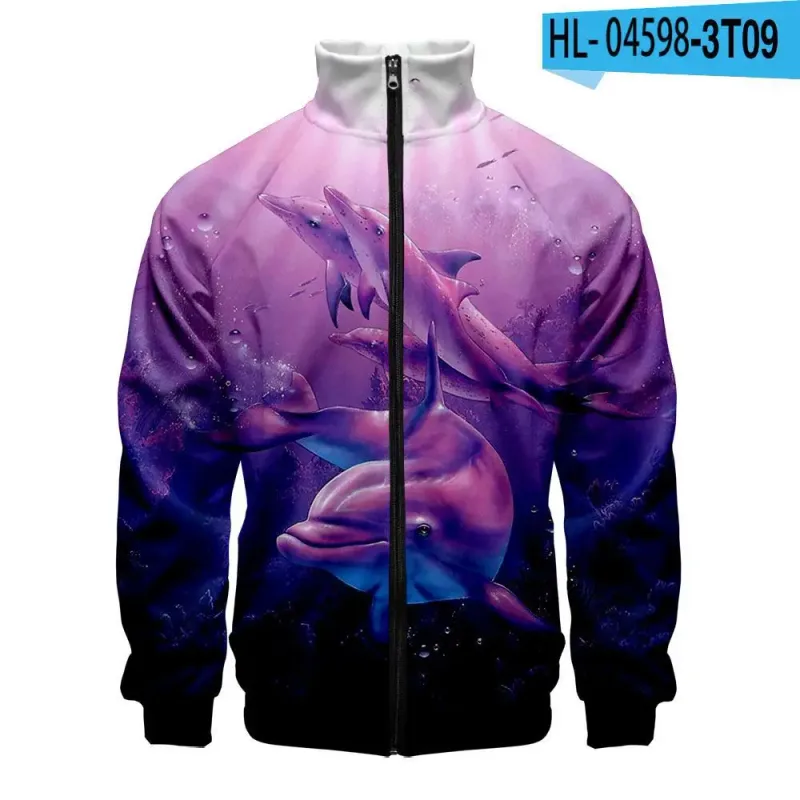 Harajuku Popular Novelty dolphin 3D Print Zipper Raglan Jacket Windbreaker Boys/Girls Comfortable Stand Collar Jackets Coats