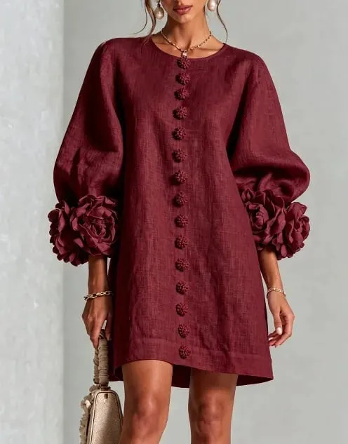 Women Spring Autumn 3D Flower Long Lantern Sleeve Cotton Linen Mini Dress Solid Crew Neck Loose Elegant Daily Wear Short Dress — image 17
