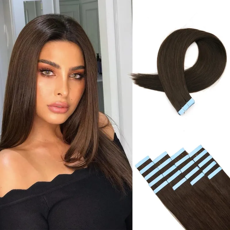 Brown Tape in Hair Extensions 100% Remy Human Hair Extensions Straight Seamless Skin Weft Tape in Extensions for Women 20pcs