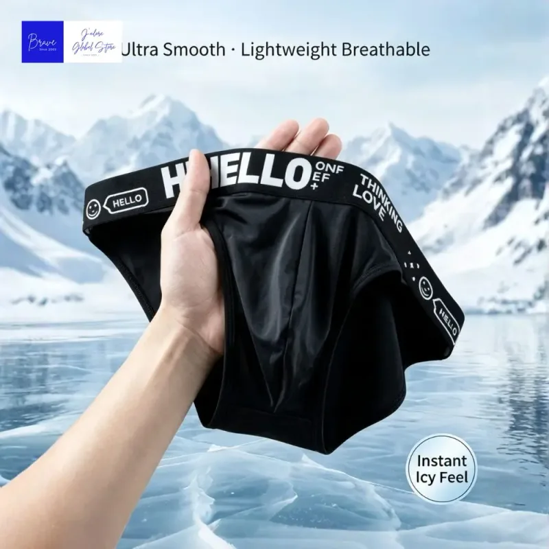 Men Trendy Ice Silk Bikini Briefs Hello Letter Print Moisture Wicking Breathable Athletic Underwear Stylish Cooling Underpants — image 4