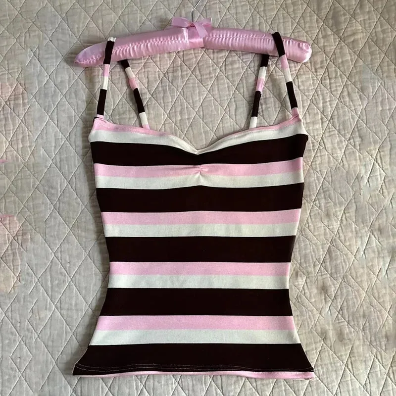 Color Block Stripe Twist Front Spaghetti Strap Cami Top Slim Fit Y2K Sweet Summer Sleeveless Tank Top — image 9