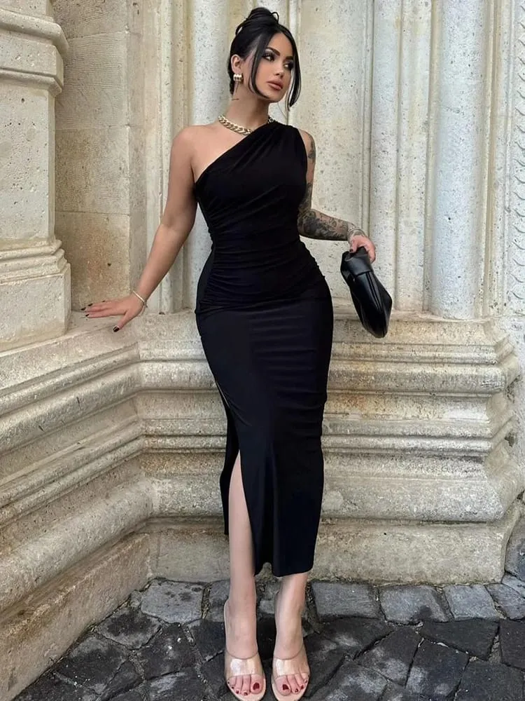 Women Maxi Dresses Sexy Split Black Sleeveless Backless Slim Dress Summer Female Fashion Off Shoulder Club Elegant Party Dresses — image 1