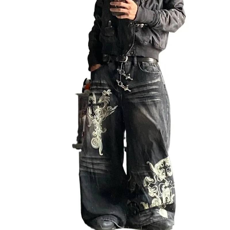 American Vintage New Pattern Printing Black Baggy Jeans Men Y2K Gothic Harajuku Hip Hop Popular Casual Joker Wide-leg Pants — image 2