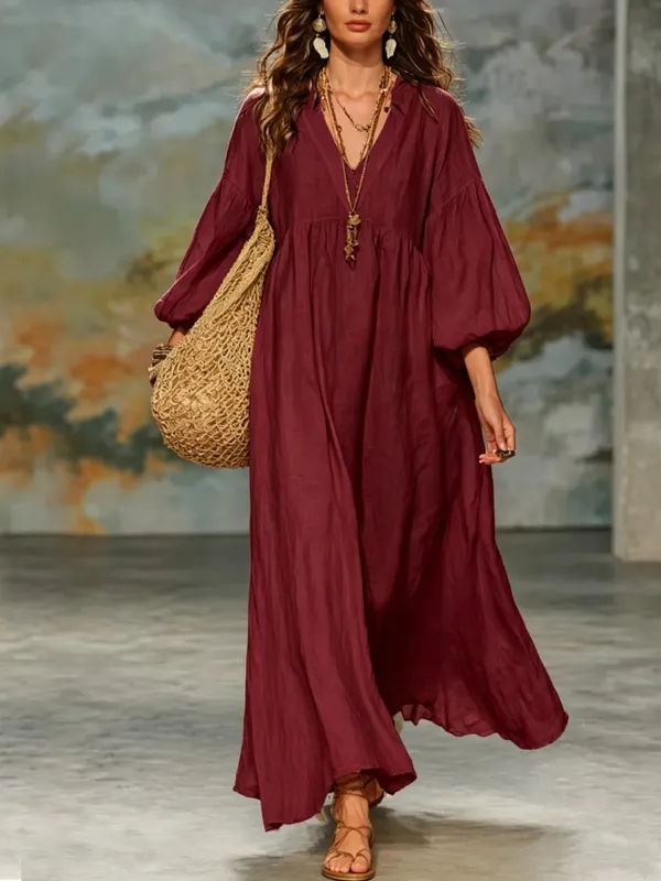 Women Bohemian Linen Maxi Dress V Neck Puff 3/4 Sleeve Loose Flowy Long Dress Casual Beach Vacation Sundress — image 5
