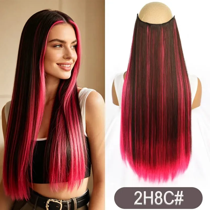 Synthetic 24Inch Long Straight One Piece Rainbow Highlight Clip In Hair Extensions for Women Daily Use Easy Wear
