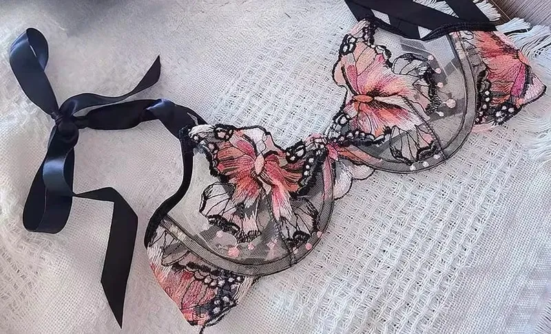 Reggente Pizzo Francese Farfalla Rete Trasparente Spalline Elastiche Senza Spugna Set Intimo S-XL Nuovo Morbido — image 8
