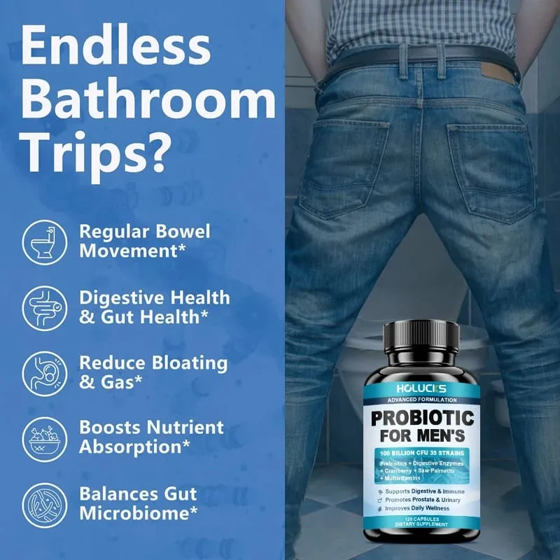 Advanced Men's Probiotic Supplement 100B CFU Prebiotic Fiber Enzymes Saw Palmetto Cranberry for Prostate Urinary Wellness