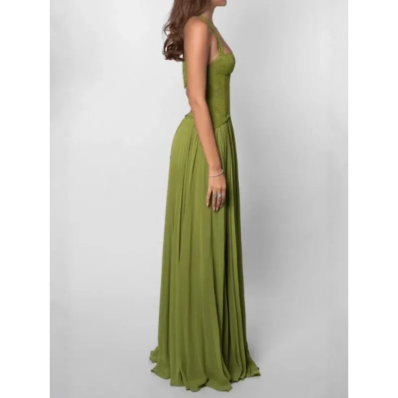 Green Fishbone Corset Halter Maxi Dress Women Backless Off Shoulder Pleated Patchwork Slim Dresses Lady Christmas Party Gown New