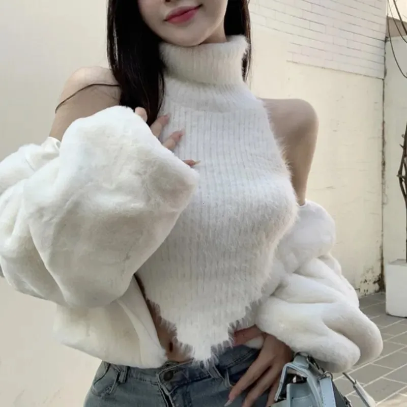 Sexy Tanks Women Knitted Hot Chic Backless Turtleneck Short Sleeveless Off Shoulder Popular Streetwear Corrugated Edge Female
