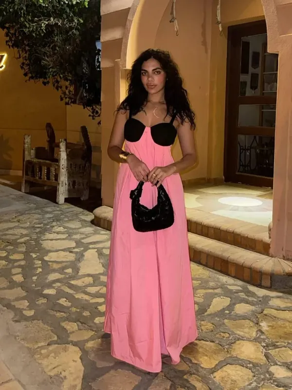 Women Sexy Color Blocking Halter Maxi Dresses Elegant Backless Off shoulder Sleeveless Slim Gowns 2026 New Lady Party Vestidos
