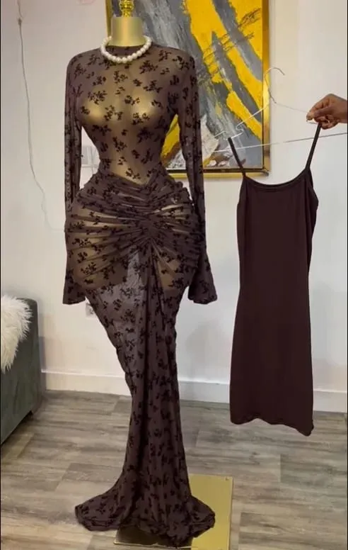 CM.YAYA 2025 Women Long Sleeve Ruched Mesh See Though with Lining Bodycon Long Dress Fall Evening Birthday Sexy Party Dresses — image 8