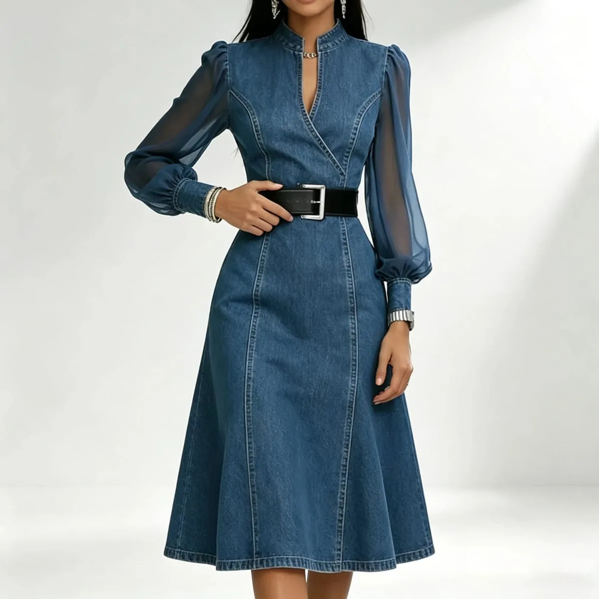 Streetwear Denim A-Line Dress Summer Women Tulle Puff Long Sleeve See Through V Neck Maxi Dresses Vintage Jean Dress With Belt — image 3