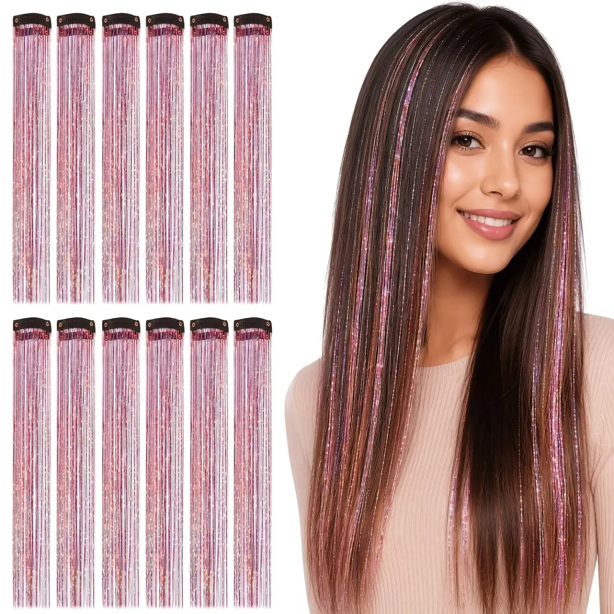 4pcs Clip-In Hair Tinsel Extensions Sparkly Holographic Glitter Hair Strands with Snap Clips Reusable Easy-To-Wear Hair — image 8