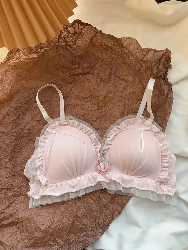 Japanese Kawaii Sweet Lingerie Set French Sheer Mesh Thin Wireless Triangle Cup Bra Panties Set Soft No Underwire 32‑38 Bra Set