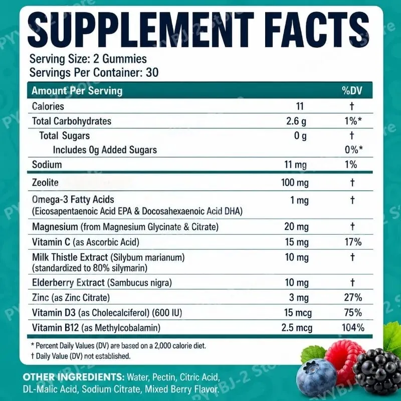 Zeolite Gummies 60 Count Naglalaman ng Multivitamin Omega-3 Magnesium at Elderberry Support Detoxification at Immune System Health — image 4