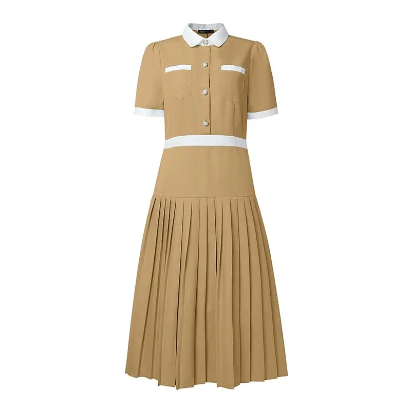 2026 ZANZEA Summer Elegant Lapel Neck Short Sleeve Sundress Women Stylish A Line Pleated Dresses Patchwork Work Midi Dress Robe — image 8