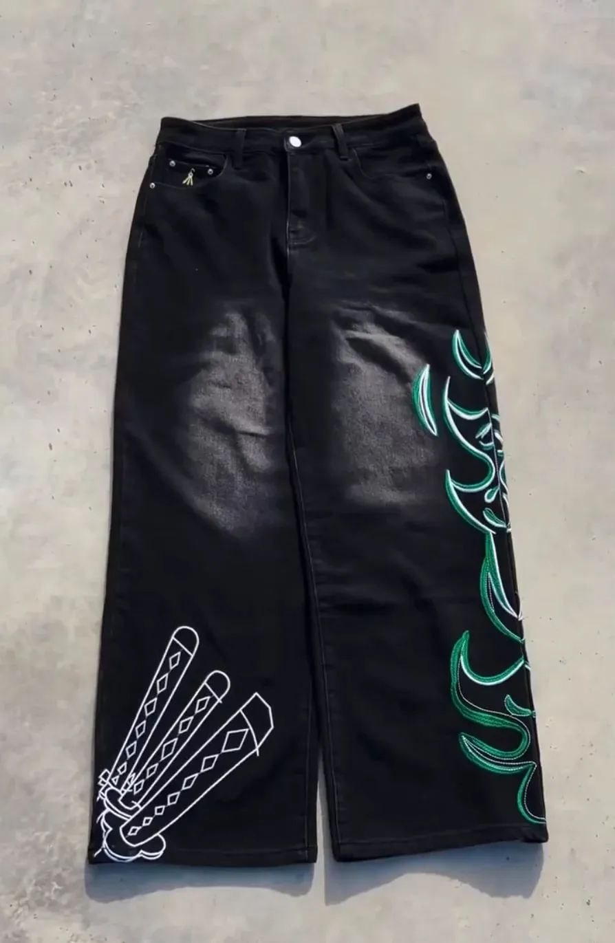 Y2K Anime Pattern Embroidered Jeans Baggy Wide Leg Stretch Jeans Streetwear Harajuku Hip Hop Dark Retro Fashion Rock Denim Pants — image 8