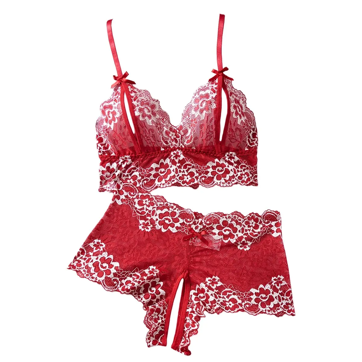 Summer Sexy Hot Women's Lingerie 2pce Open-crotch Pants And Open-tip Bra Vest Adult Underwear Transparent Flower Lace Bras Set — image 1