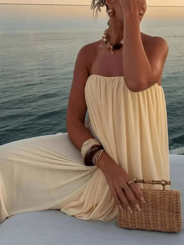 Elegant Pleated Strapless Maxi Dress Women Fashion Backless Slim Apricot Dresses Summer Casual High Street Female Vestidos — image 3