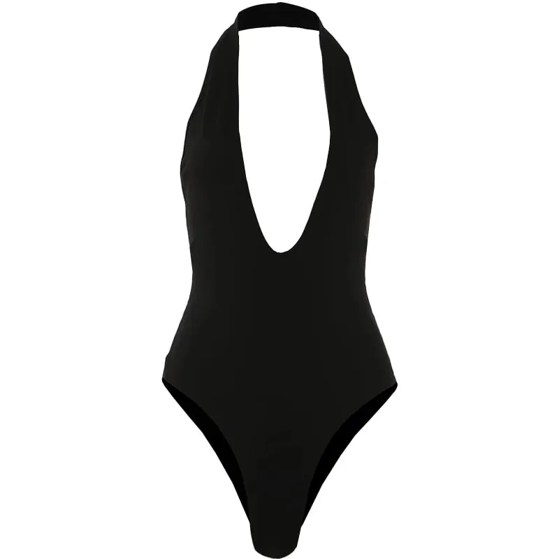 Cutenew Halter Classic Bodysuit Women Sexy Fashion Deep V-Neck Sleeveless Simple Daily Stretch Skinny Chic Workout Streetwear — image 8