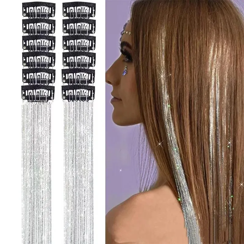 12pcs Per Pack of BB Hair Clips Shiny Metallic Hair Extensions with Clips Synthetic Hair Sparkling Hair Accessories for Women — image 8