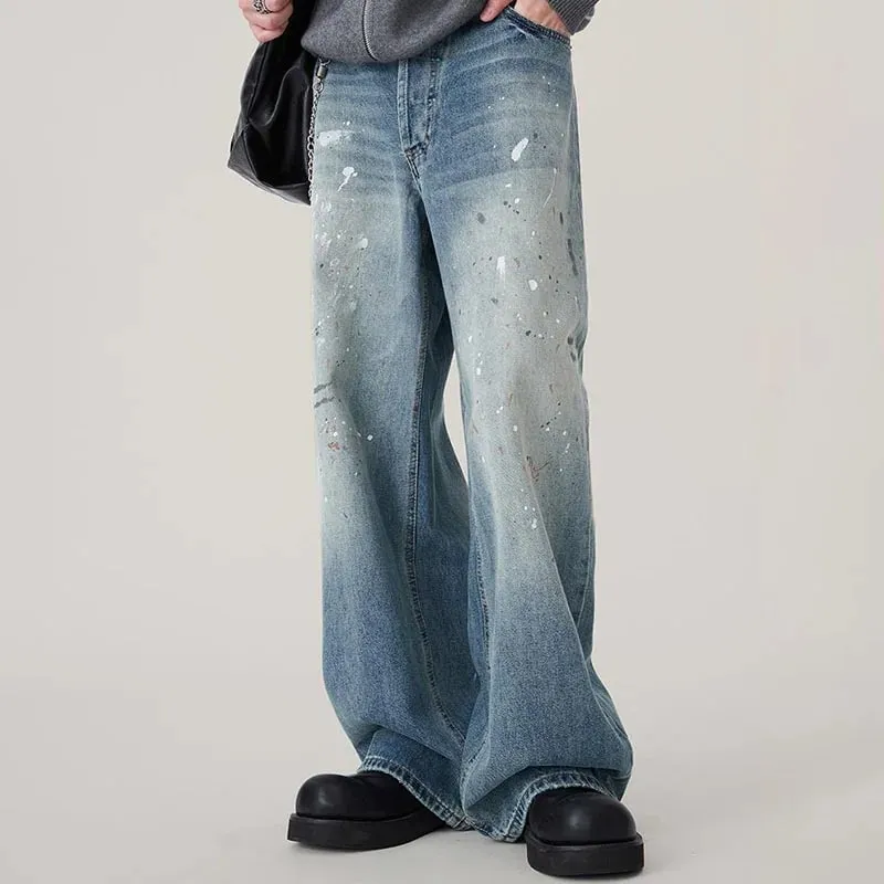 Autumn Korean Splashed Ink Jeans Men'S Straight Leg Pants Fashionable High Street Retro Loose Wide Leg Pants Design Pants — image 2