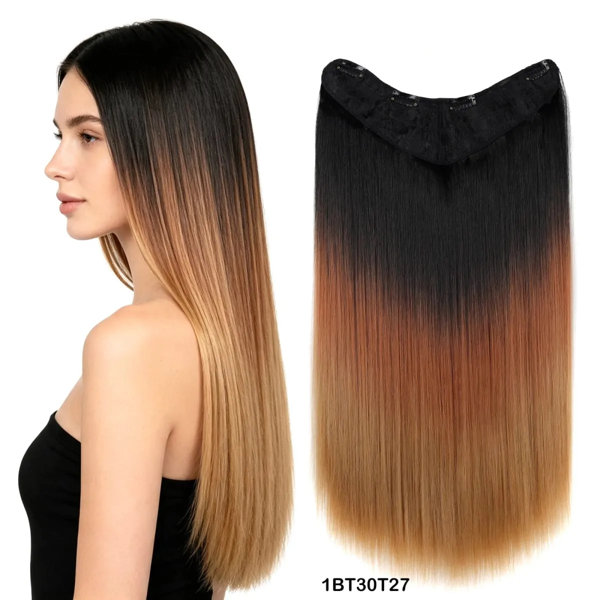 Clip In Hair Extension V Shape One Piece Straight Hair Whit 4 Clips Ombre Synthetic Hair Pieces For Women