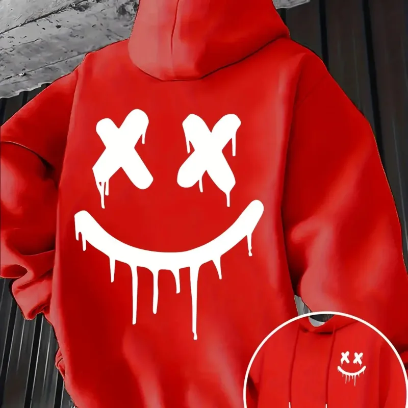 Smiley face print men's and women's autumn winter trendy printed hooded fleece sweatshirt front back casual hoodie — image 11