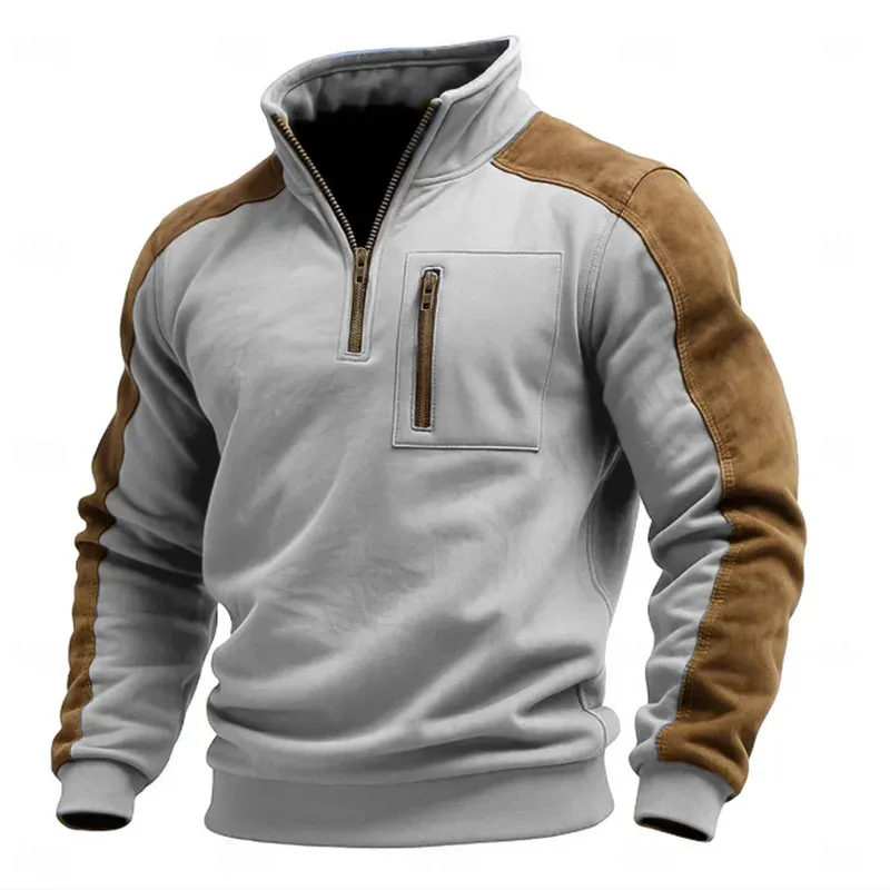 Autumn Winter New Men's Stand Collar Pullover Sweatshirts Fashion Patchwork Sports Tops Male Casual Streetwear Pull On Hoodie — image 5