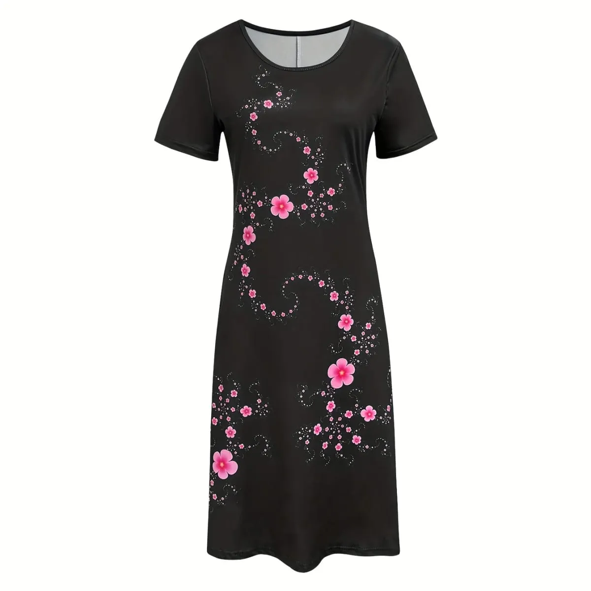 Women's Elegant Casual Floral Print Dress Black with Pink Flowers Dresses Woman Summer Women's Short -Sleeved Y2k Ladies Clothes — image 6