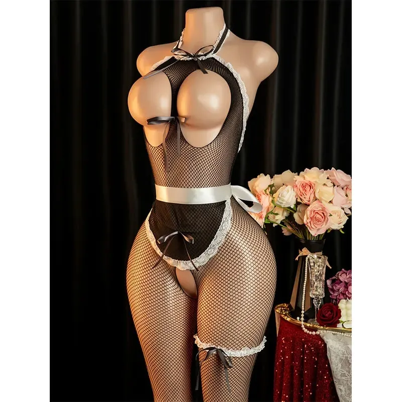 Hot Night Desire Outfit Sexy Lingerie Bodysuit Open-breasted Crotchless Body Suit Cosplay Body-Stockings For Adult Maid Costume