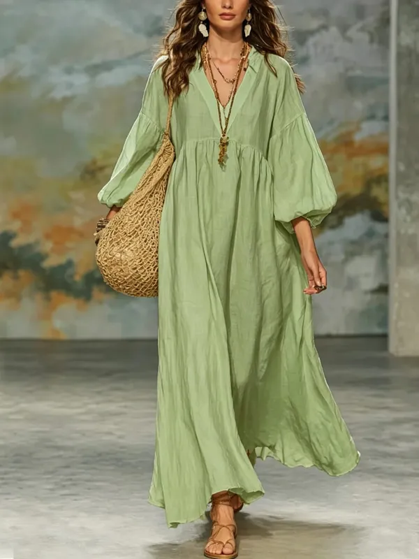 Women Bohemian Linen Maxi Dress V Neck Puff 3/4 Sleeve Loose Flowy Long Dress Casual Beach Vacation Sundress — image 3