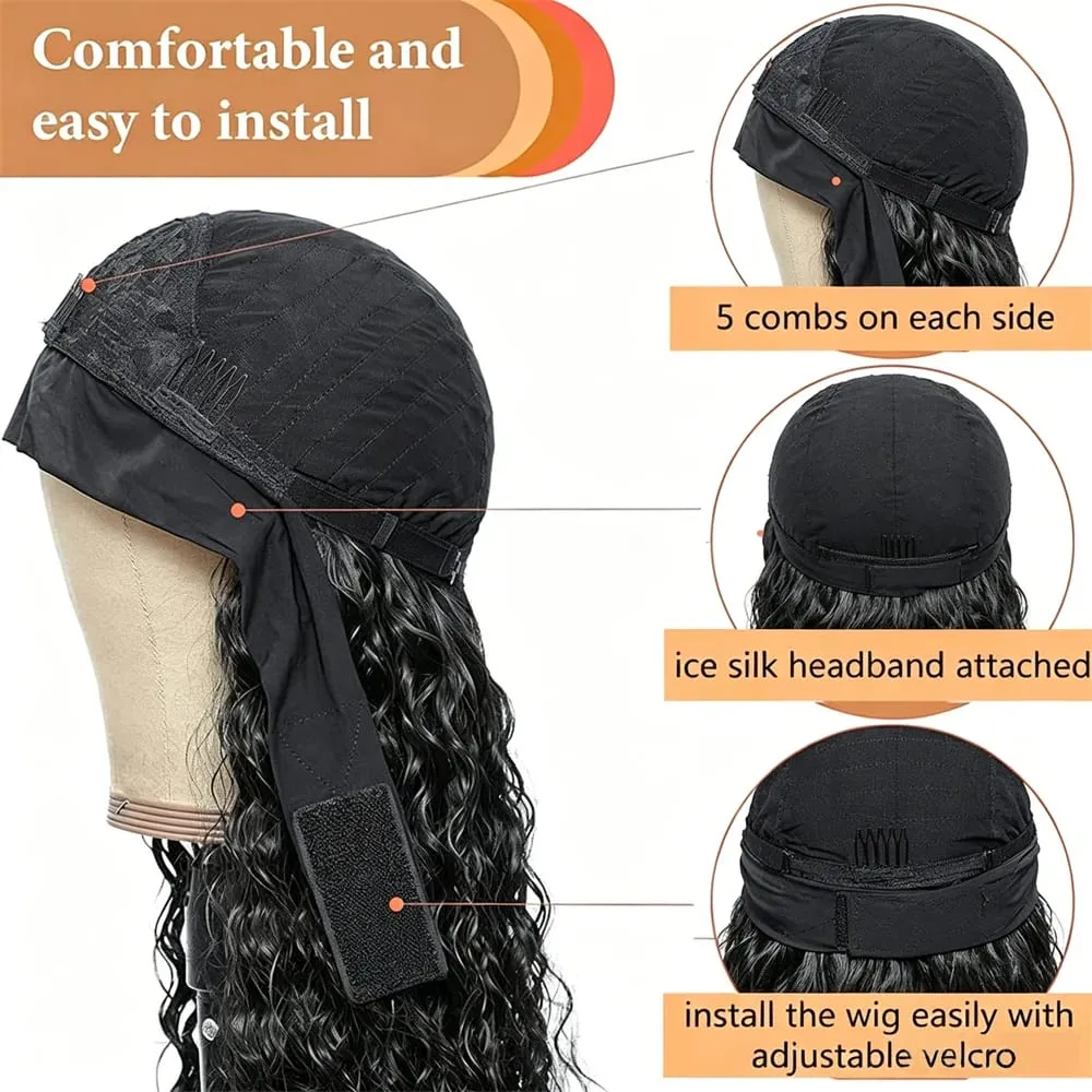 26 Inch Natural Black Deep Wave Headband Wig Easy to Wear Heat Resistant Synthetic Hair Natural Looking Soft Thick for Women
