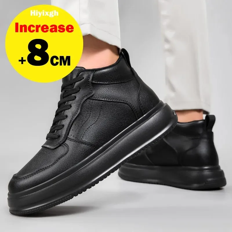 Genuine Leather Lift Sneakers Men's Elevator Shoes Heightening Insole 8cm Black High Shoes Men's Fashion Sports Plus Size 36-46