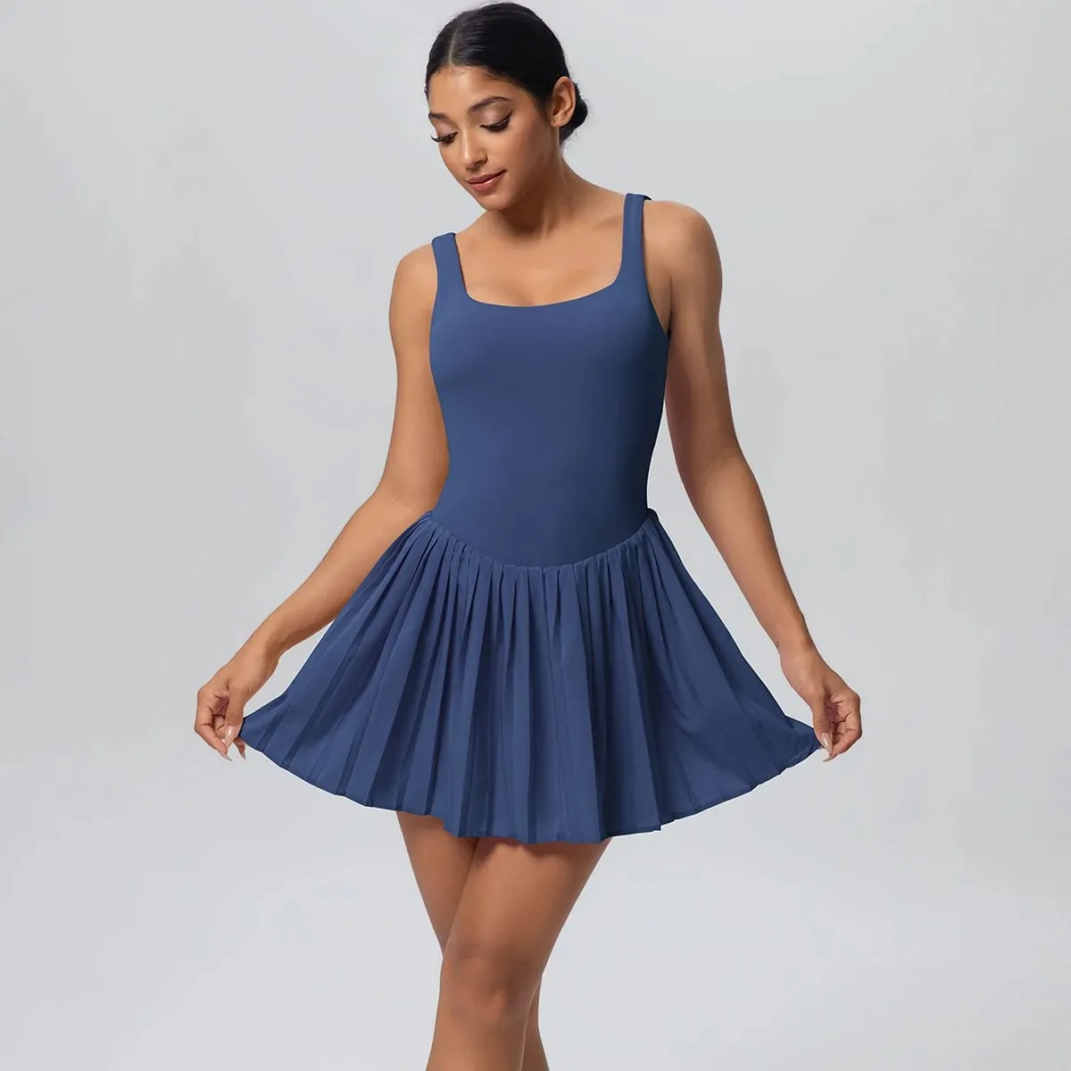 New Lifting Sports Jumpsuit Tennis Skirt With Pockets Yoga Womens Dresses Breathable Naked Feel Backless Female Sportswear — image 2