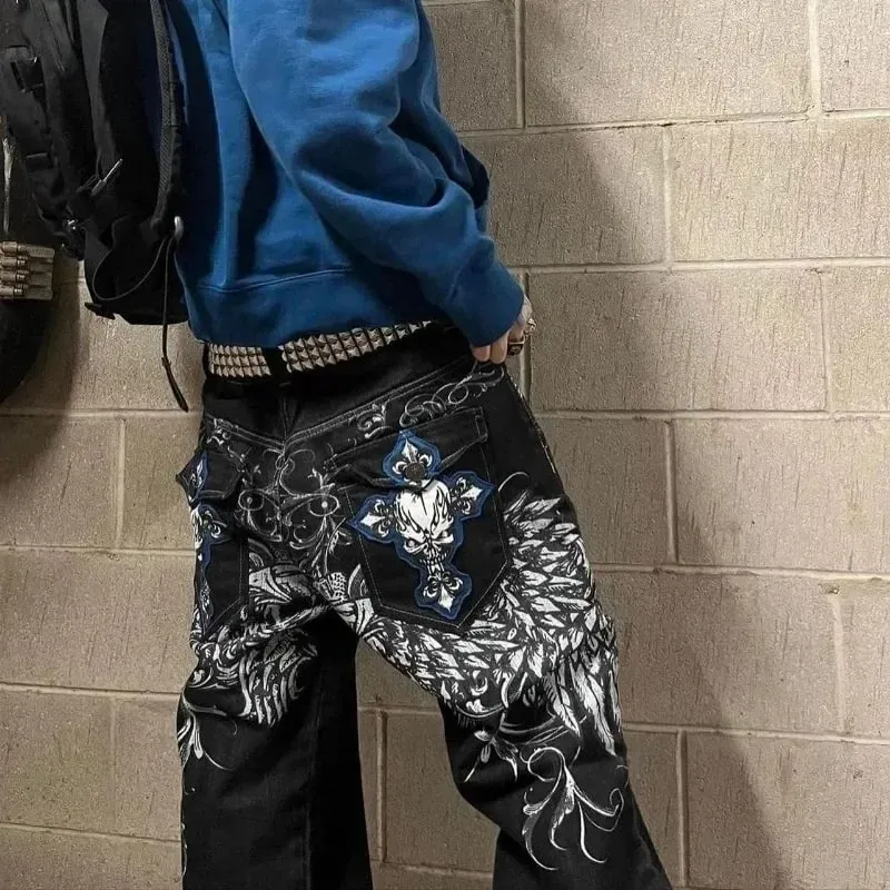 American Retro Y2K High Street Gothic Embroidered Men Black Red Pattern High Waist Jeans Street Couple Casual Pants — image 4