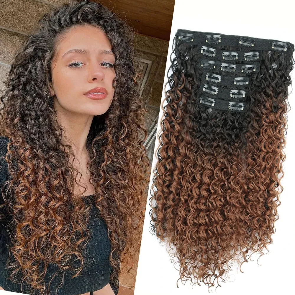 Synthetic 16 Clip In Hair Extensions Kinky Curly Fluffy Black Blonde Full Head Fake Pieces Hair Extensions For Black Women — image 7
