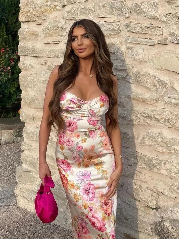 Suninheart Yaz Spagetti Kayışı Çiçek Baskı Parti Elbiseler Zarif Maxi Bodycon Düğün Konuk Tatil Elbise Yeni Elbise 2023 — image 2