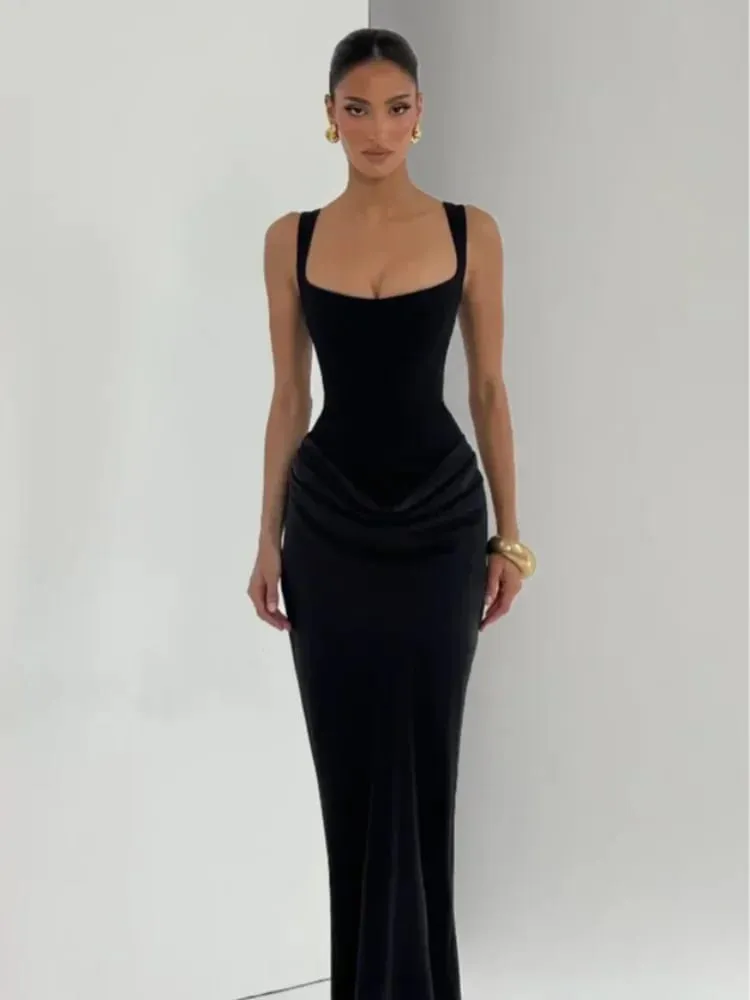 Solid Pleated Sling Dress Square Neck Sleeveless Off-shoulder Waist Cinching Slim Women Dresses Fashion Evening Party Gown 2025