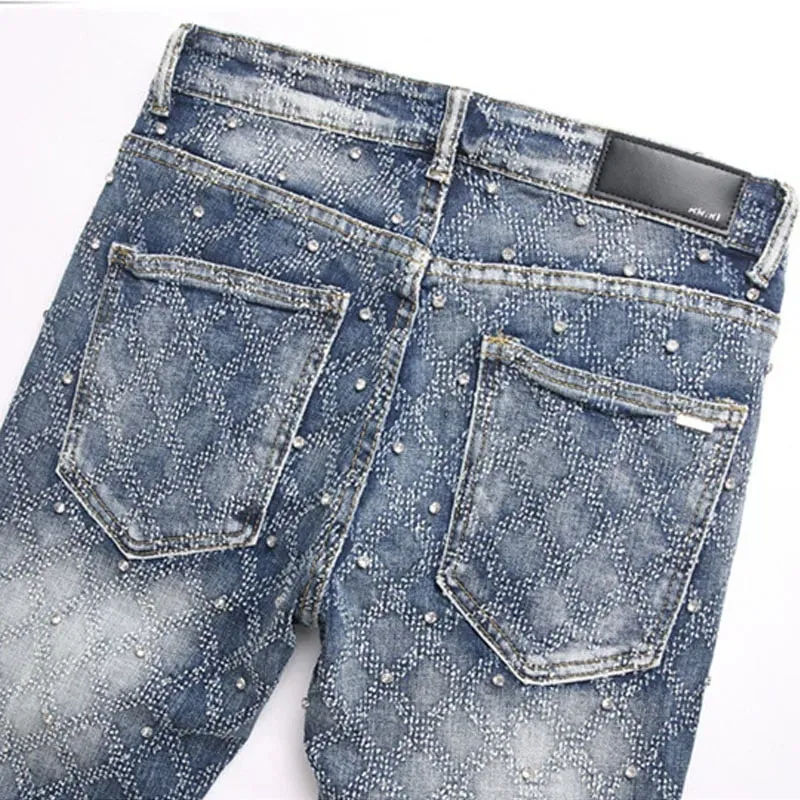 Men's Y2K Hip-hop Jeans American Retro Washed Blue Denim Pants Diamond Pattern Rivets Streetwear Slim Fit Party Male Trousers — image 5