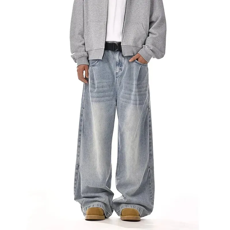 New Korean Retro Men'S Jeans High Street Straight Leg Pants Loose Casual Jeans Fashion Wide Leg Pants