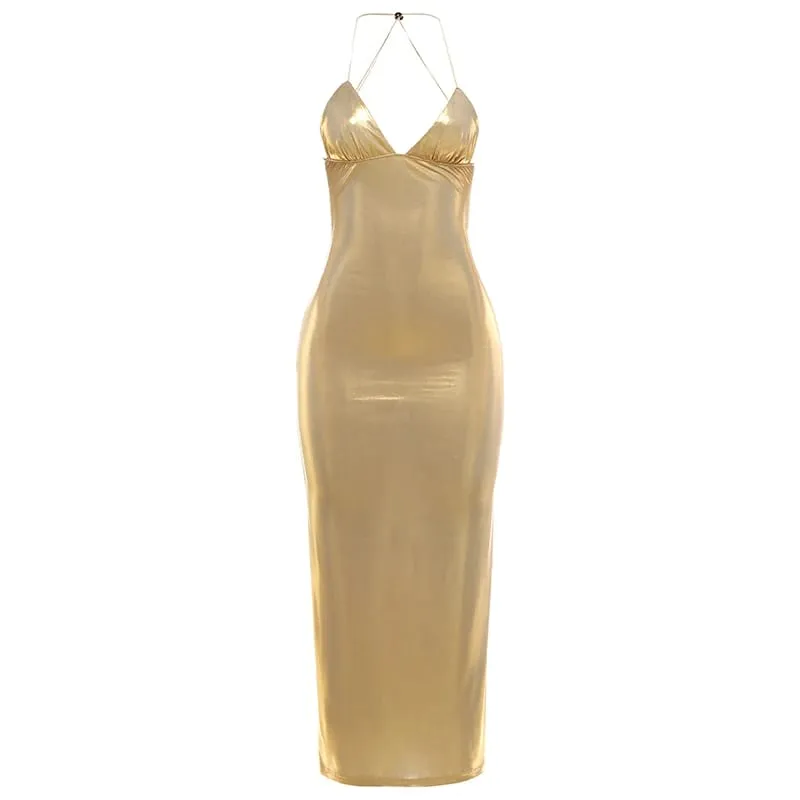 Kliou Sexy Gold Long Dress Woman 2026 Spring New Style Low-Neck Cross Butterfly Bandage Backless Vacation Beach Style Vestidos