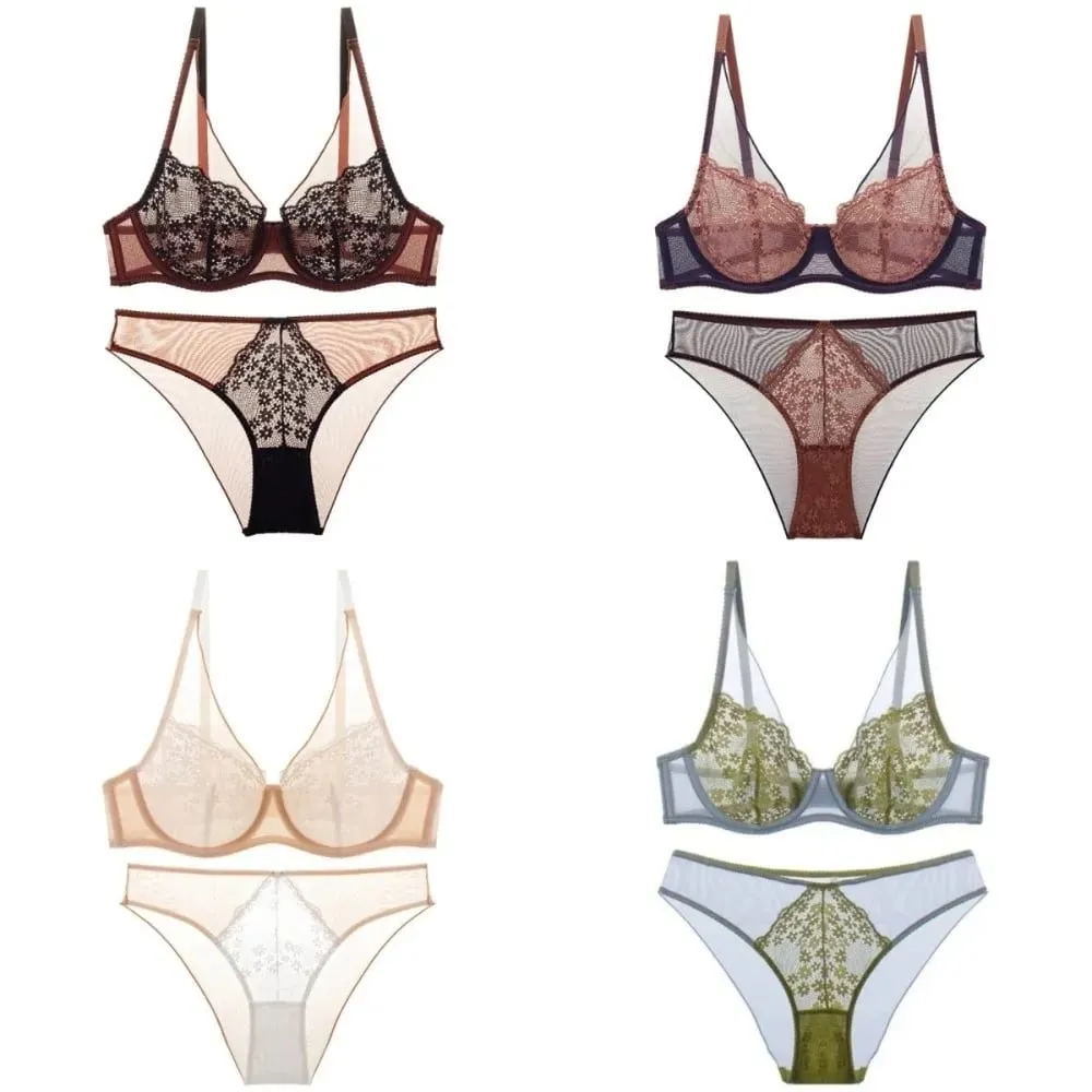French Vintage Mesh Lace Flower Bra Set Brassiere Underwear Push Up Bra Women Lingerie Thin Mesh Bra Panties Kit Lady — image 6