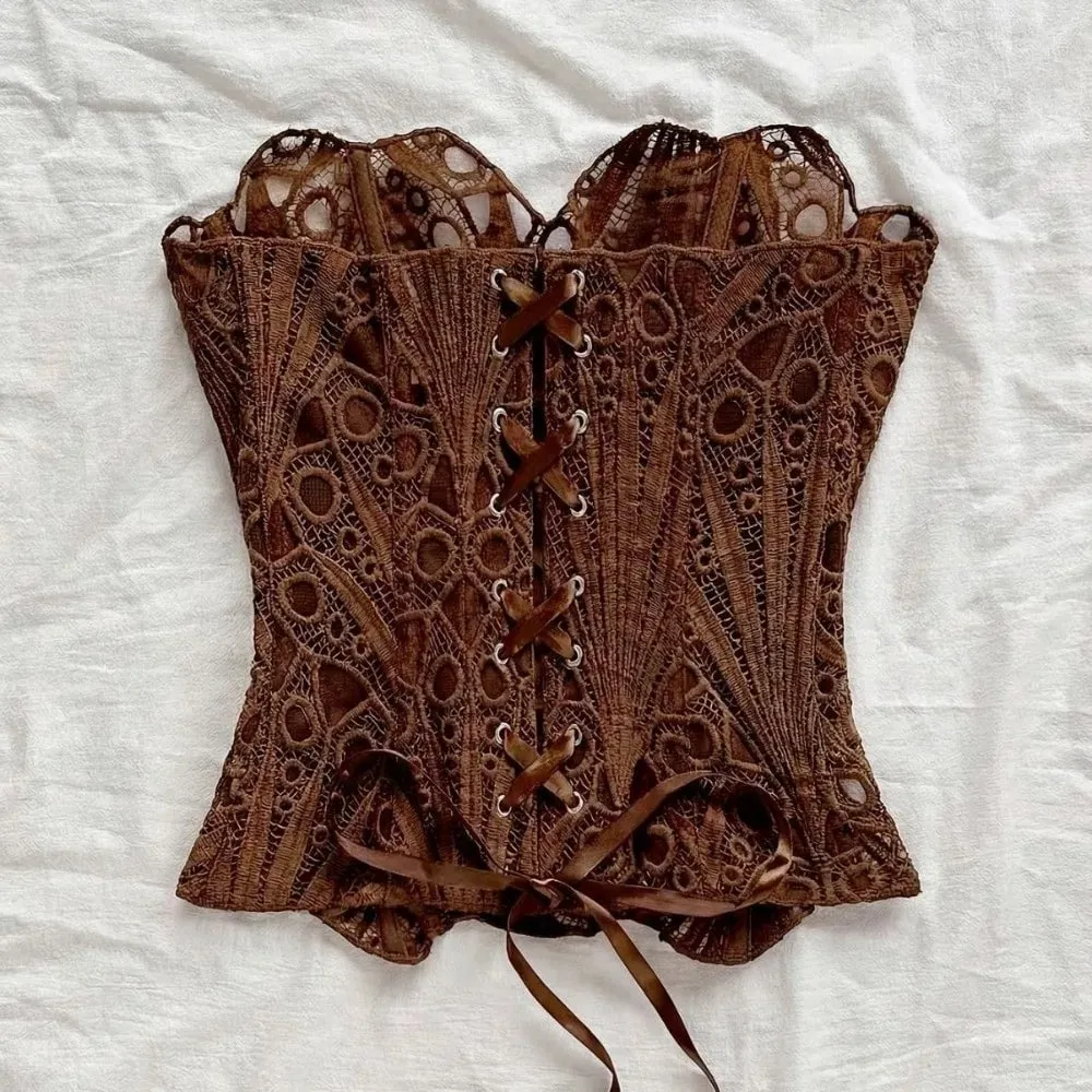 Bustier Back Tie Hollow Out Corset Top Irregular Hem Fishbone Lace Corset Mesh Splicing Women Underwear Clubwear — image 1