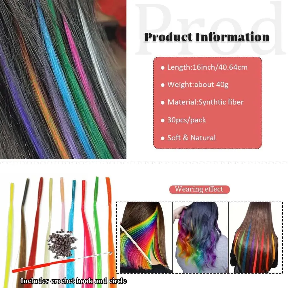 30pcs Colored Hair Extension 16-Inch I-Tip Synthetic Extensions. This long-style kit for women includes beads and a crochet tool