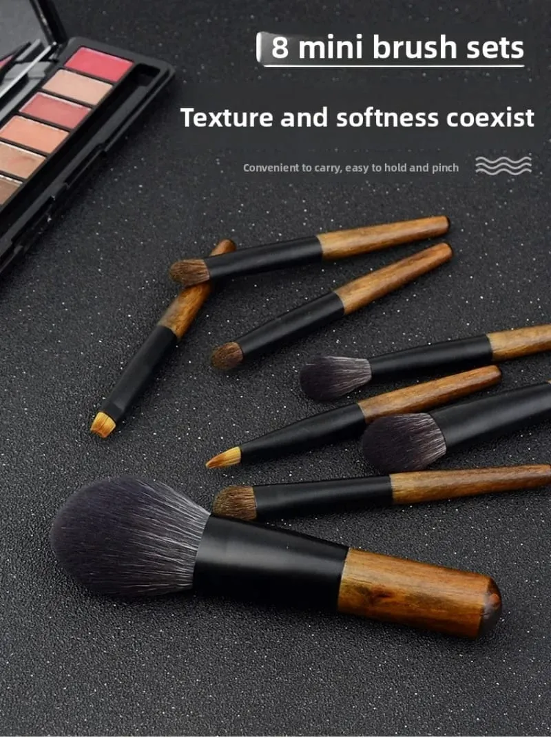 Juego de Mini brochas de maquillaje de viaje, 8 Uds., con bolsa, mango de madera, brocha cosmética para cara en polvo, iluminador con colorete, corrector, sombra de ojos