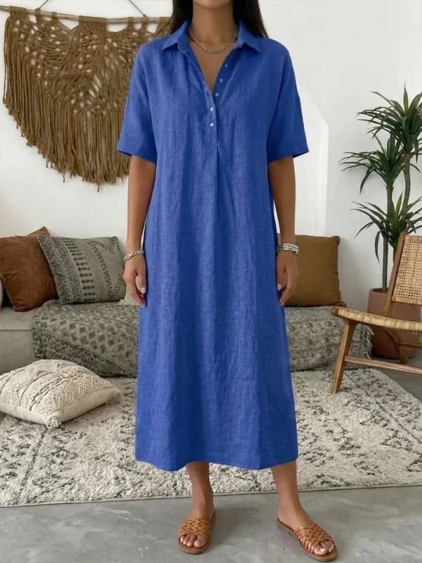 2026 Women's Spring and Summer New Casual Straight-Cut Comfortable Polo-Neck Linen Short-Sleeve Dress — image 5