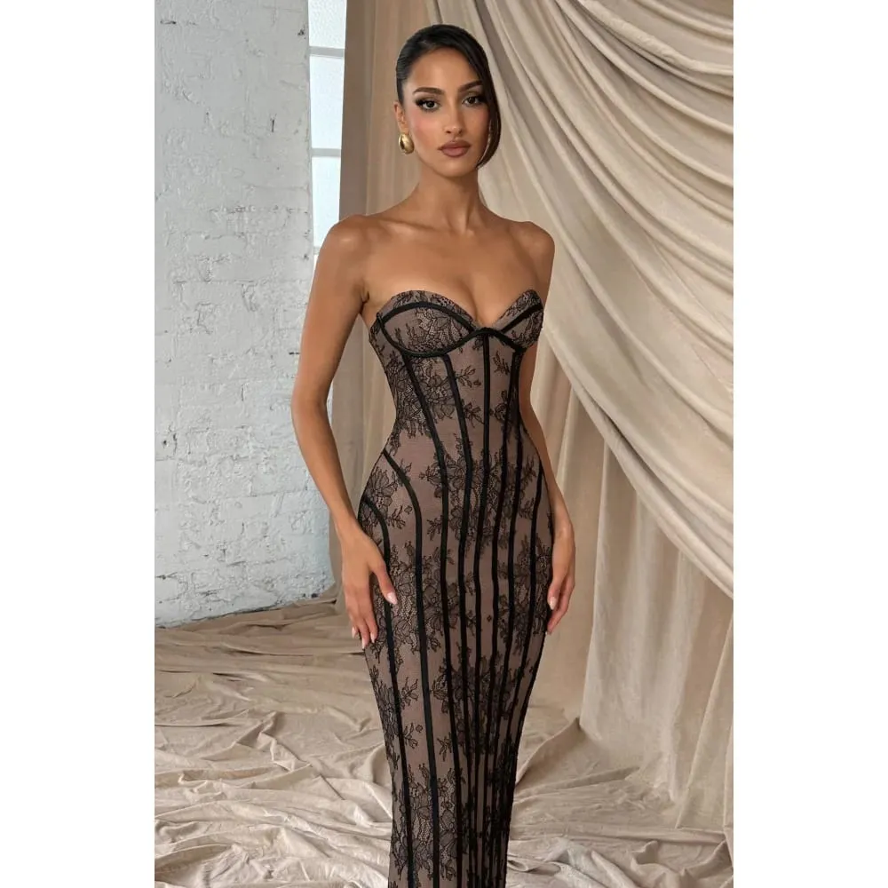 Elegant lace strapless waist cinching long dress with heart-shaped neckline for slimming and formal evening ladies' dress — image 5