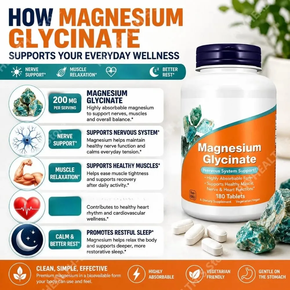 Suplemen Magnesium Glycinate 180 Tablet Chelated Bisglycinate Tablet Pemakanan untuk Lelaki & Wanita Sokongan Mineral Harian Lembut