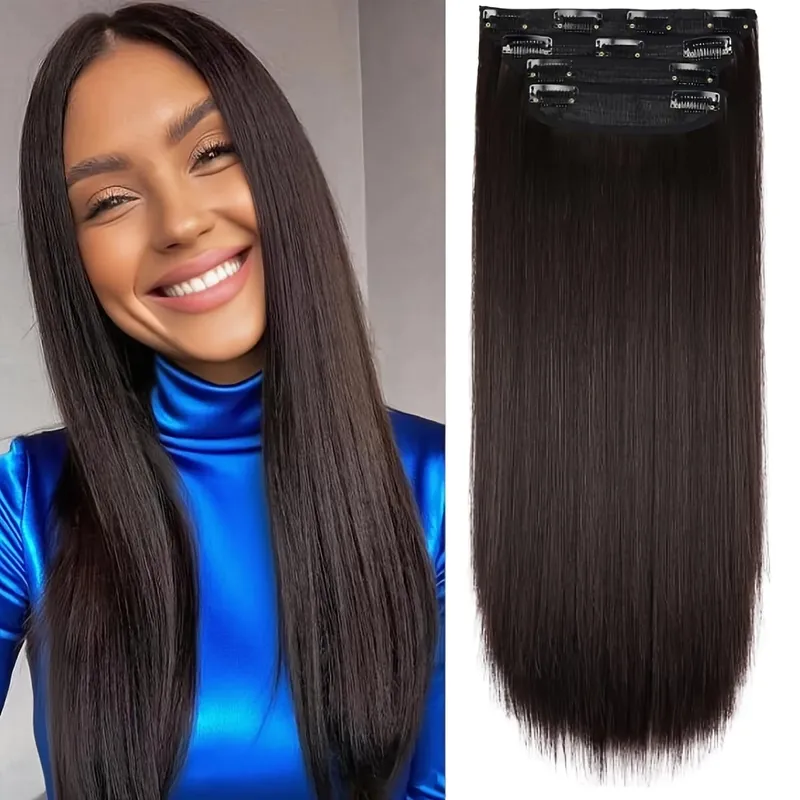 Synthetic 20 Inch Straight Clip In Hair Extensions 4Pcs Soft Thick Black Hair Pieces Available In 3 Colors For Women Daily Use